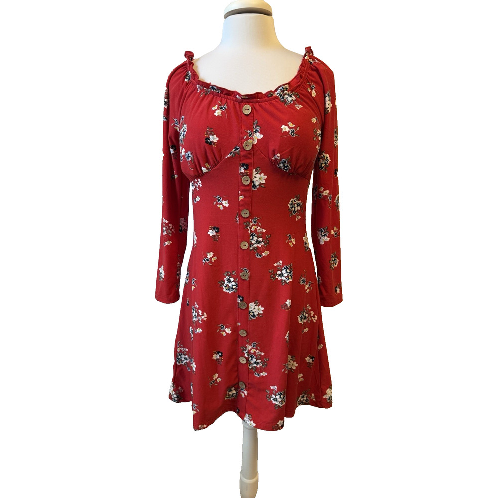 No Boundaries Y2K Babydoll Women Jr Lg‎ Long Sleeve Red Floral Dress Boho Ruffle